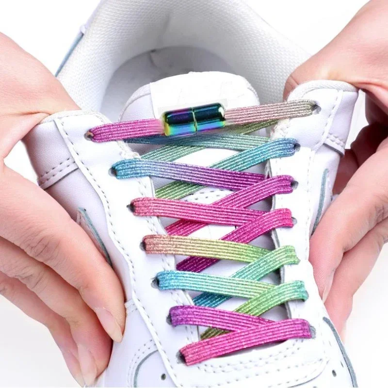 

Шнурки для обуви без завязок, разноцветные шнурки с пряжкой, жемчужный свет, красочные модные без завязок, эластичные шнурки, кроссовки для детей и взрослых, расширенные