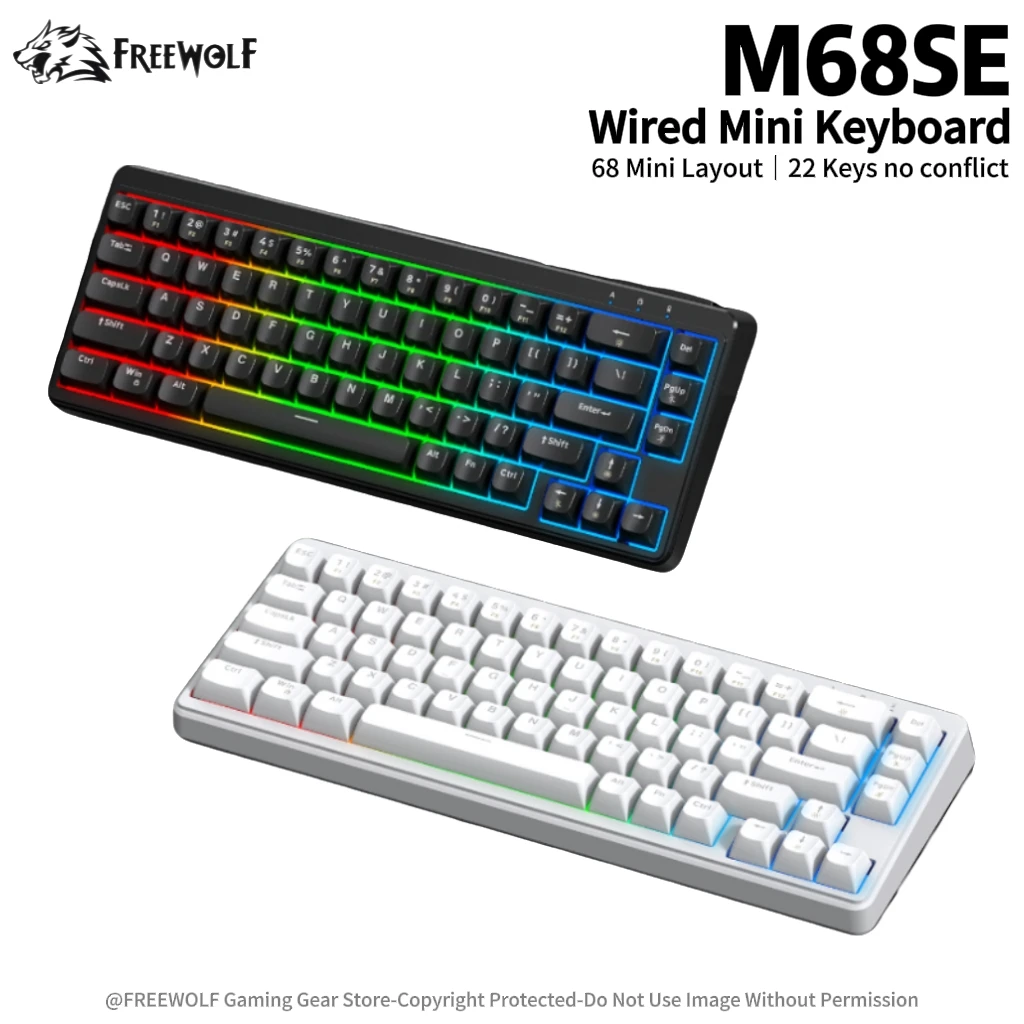 

Classic Black & White Dual-color M68SE Wired Mini Keyboard FREEWOLF RGB Lighting,22 Keys No Conflict,Type-C Key Cable Separation