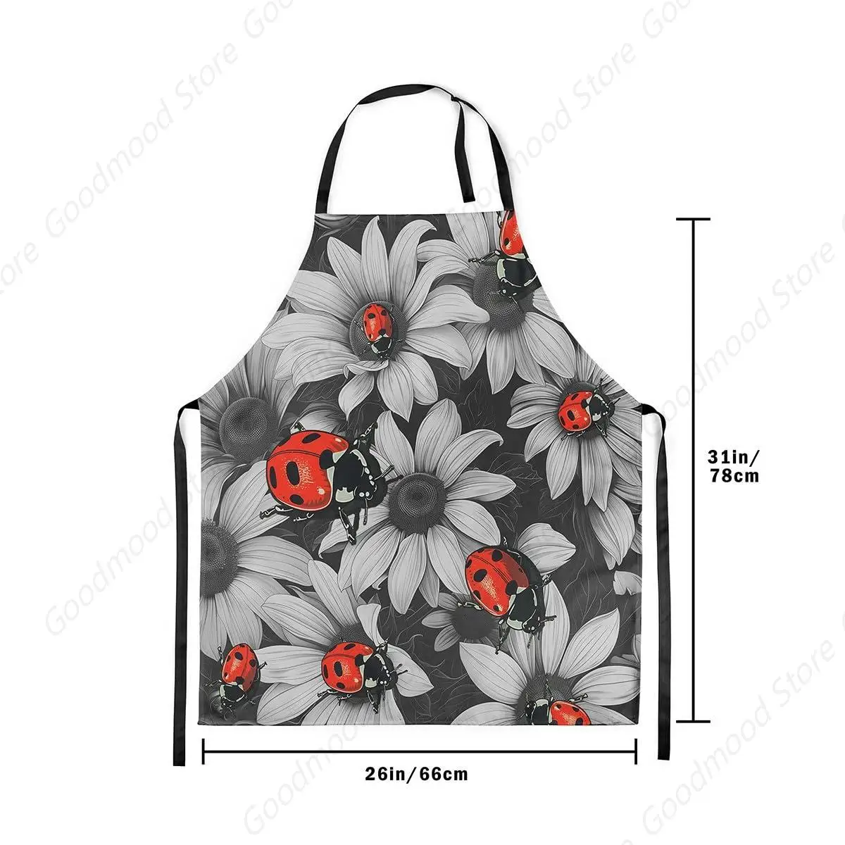 Red Ladybugs Chef Apron Cartoon Ladybug Pattern Kitchen Apron for Teens Adults,Grey White Flowers Apron Wildlife Floral