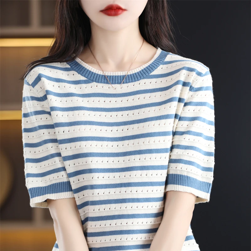 Women O-Neck Short Sleeve Sweater Blouse Striped Cotton Slim Casual Knitted Pullover Shirt Female All Match Tops Clothing