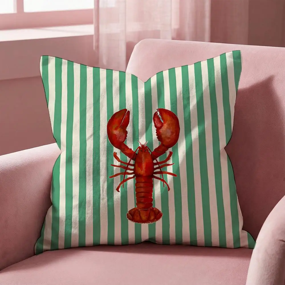 1pc Preppy Striped Pillow Cover, Polyester 2D Double-Sided Print, Whimsical Lobster, Lemon & Dachshund Art, Coastal Home & Car D
