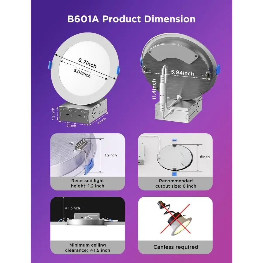 إضاءة ذكية مجوفة مقاس 6 بوصات، توصيل مباشر بلوتوث واي فاي RGBWW LED، وضع 65 مشهد، يعمل مع Alexa amp Google Ass