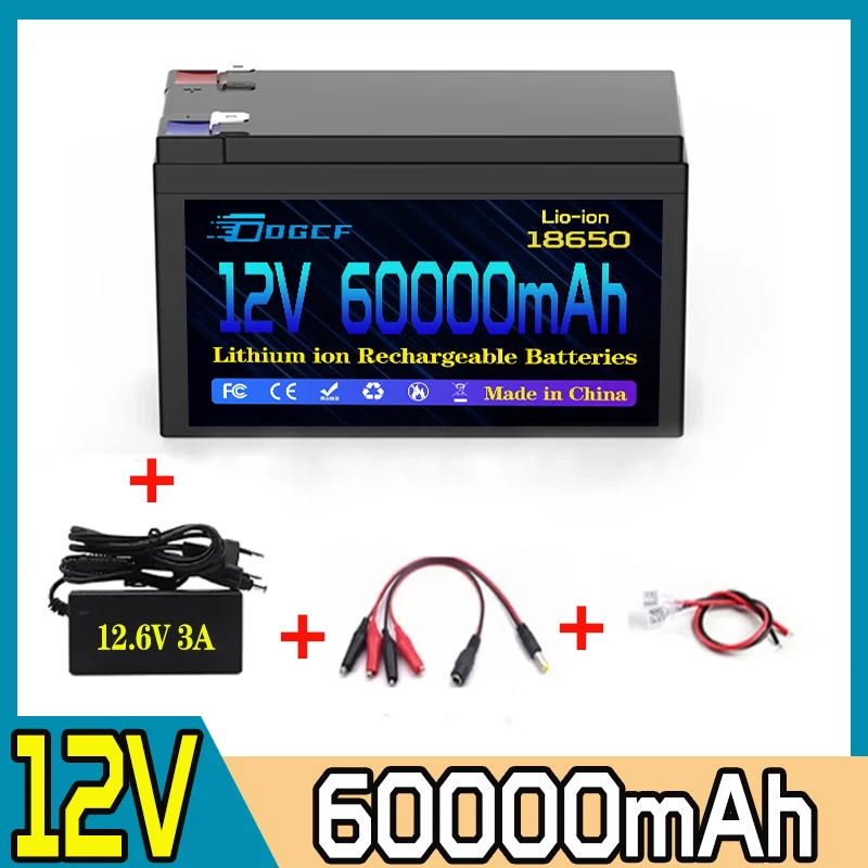 

12V Battery 60Ah 18650 lithium battery pack 30A sprayer built-in high current BMS electric vehicle battery 12.6V 3A charger