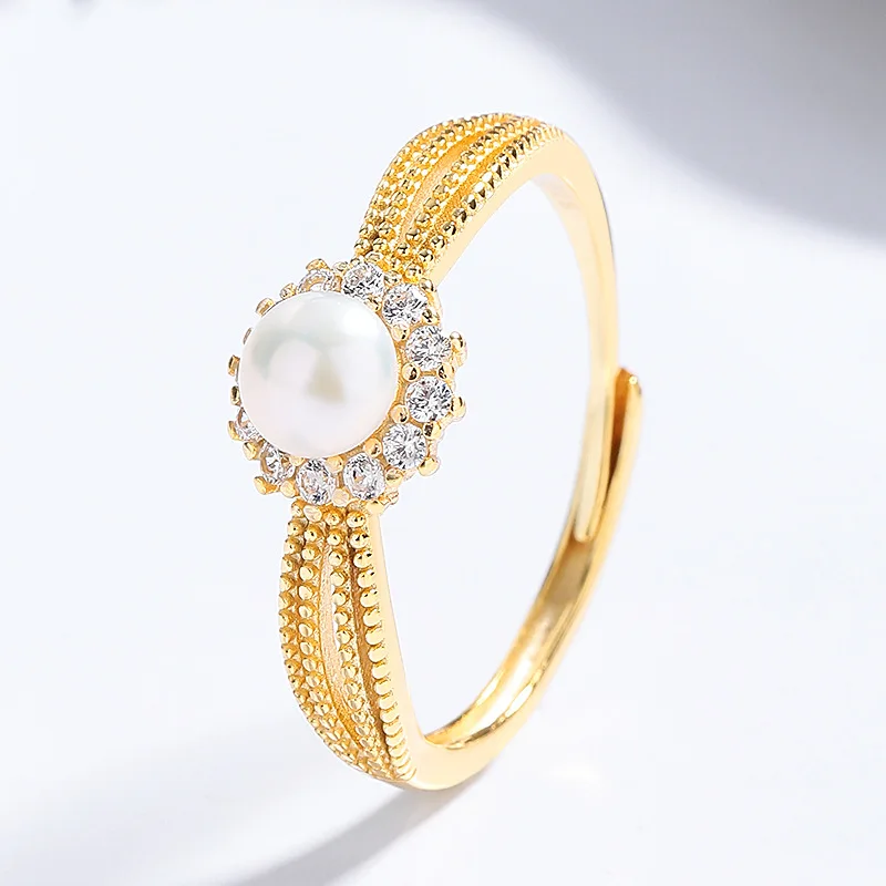 S925 Sterling Silver Flower Ring For Women Zircon And Pearl Open Adjustable Design Luxury Niche Elegant Finger Jewelry