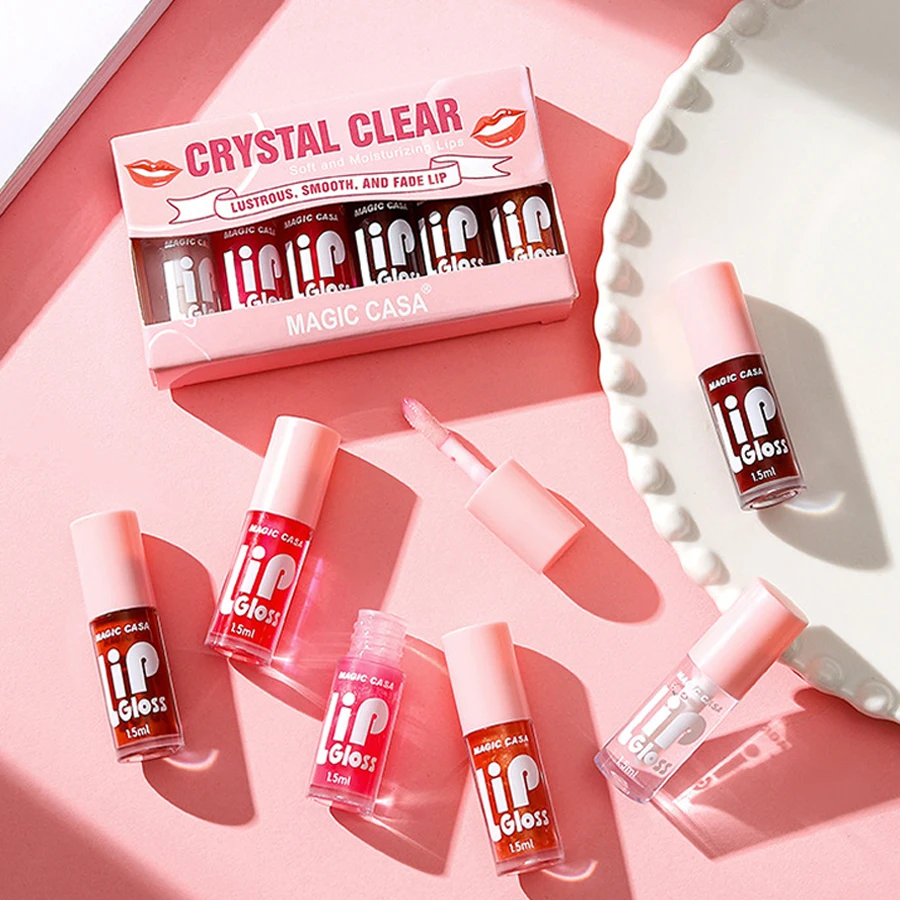 ชุดลิปกลอสใส 6 ชิ้น - Watery Jelly Lip Protector Oil, ริมฝีปากให้ความชุ่มชื้นยาวนาน, ลิปกลอสมันวาวสูง, แต่งหน้าฐานให้ความชุ่มชื้น, มันเงา, เรียบเนียน