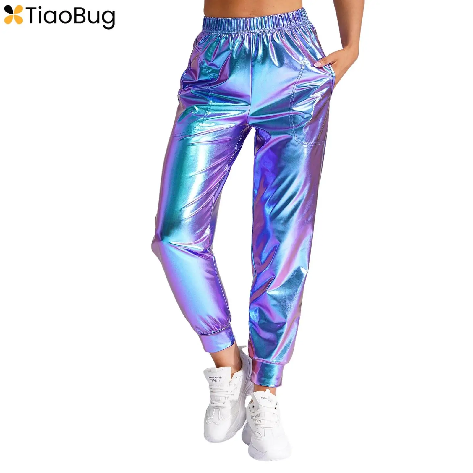 

Women Shiny Metallic Pants Hip Hop Modern Dance Pants High Waist Elastic Waist Sport Pants Loose Sweat Pants Fashion Streetwear