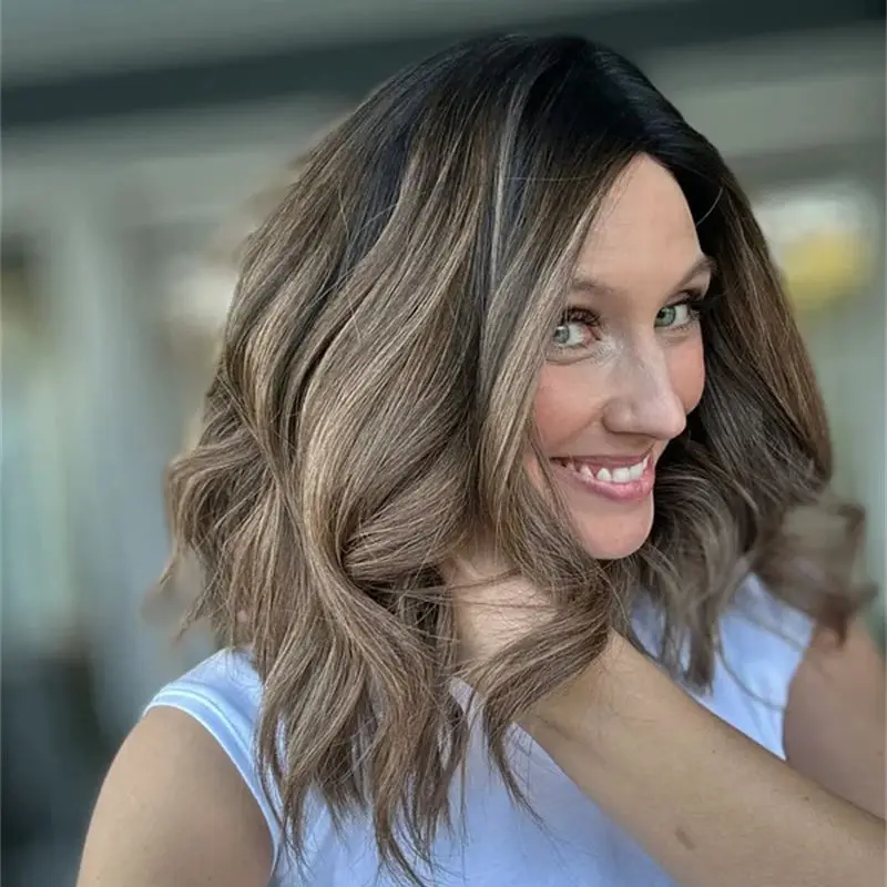 Short Wave Bob Ombre Brown Lace Front Wigs Synthetic Premium Fibre Wig Black Roots Blend Human Hair Crimped Beach Vibes Style