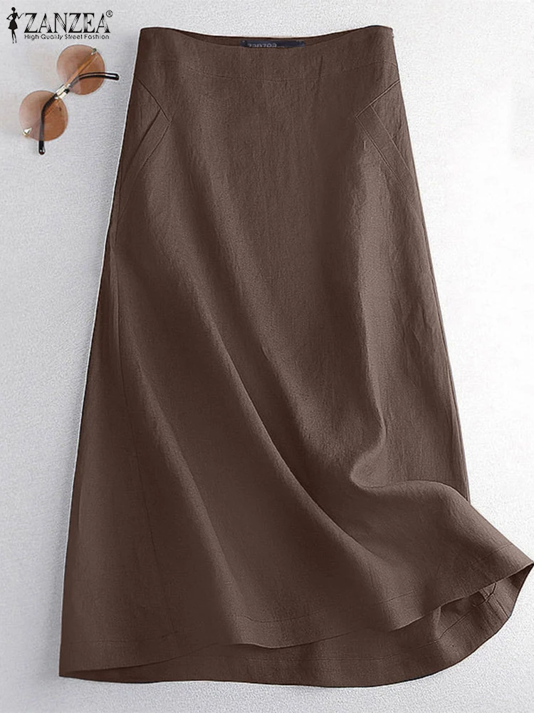 ZANZEA Vintage Women Cotton Mid-calf Skirts Autumn High Waist Solid A-line Skirt Fashion Casual Overskirts Holiday Faldas Saia