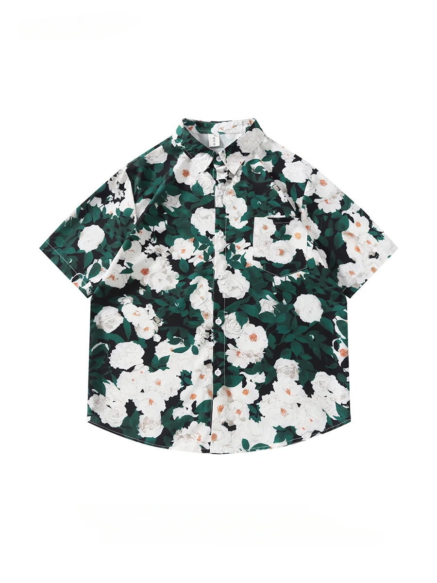 Camisa de lapela masculina e feminina floral havaiana de manga curta, estilo resort na moda, tamanho grande, blusa casual solta, de peito único