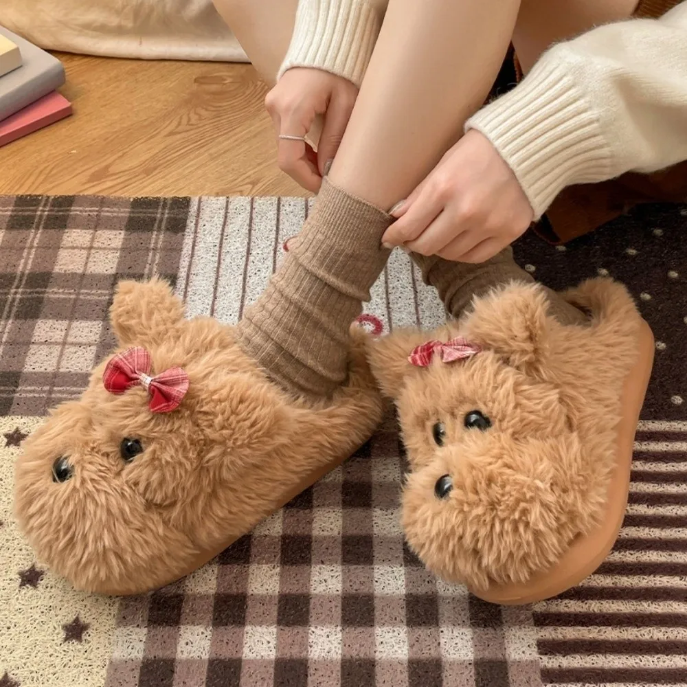 Fashion Soft Plush Bow Dog Slides Cute Animal Puppy Slippers Warm Lovely Winter Slippers Girls