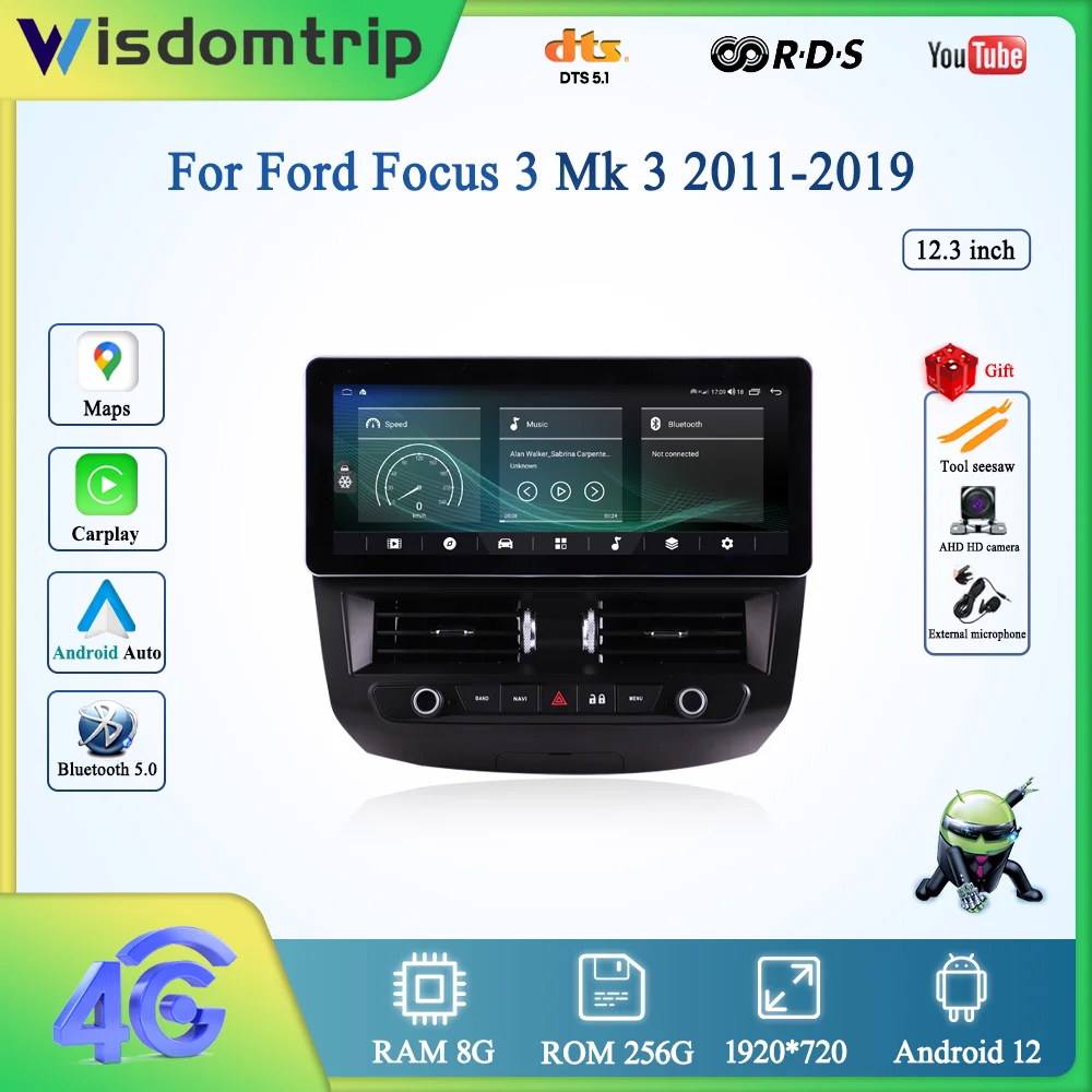 12.3 inch For Ford Focus 3 Mk 3 2011-2019 Intelligent Multimedia Video Player Radio GPS 4G WIFI Navigation Android 12 Carplay