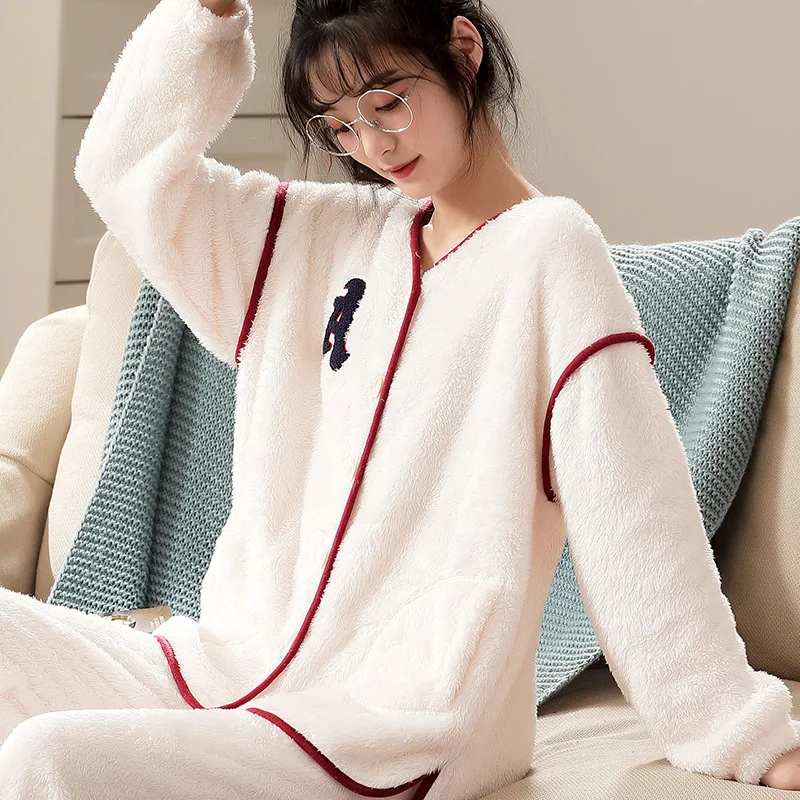 Winter Thick Pajama Sets Women Single Breasted Coral Fleece Sleepwear Warm Fashion Letter Simple Warm Casual Cute Pyjama Set