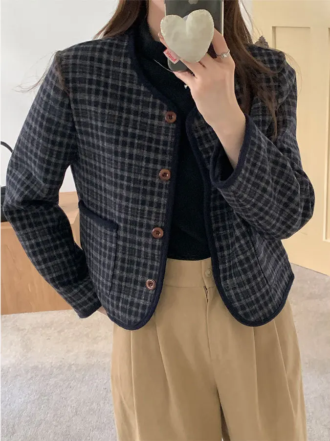 

Korean Retro Plaid Small Fraance Sle Women's Jaet round Ne High-End Feeling Winter New Sle Ele Manner Top Trendy