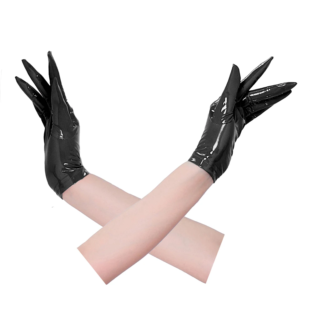 Womens PU Leather Short Gloves Mittens Wet Look Gothic Christmas Party Shiny Sexy Female Handwear Accessories