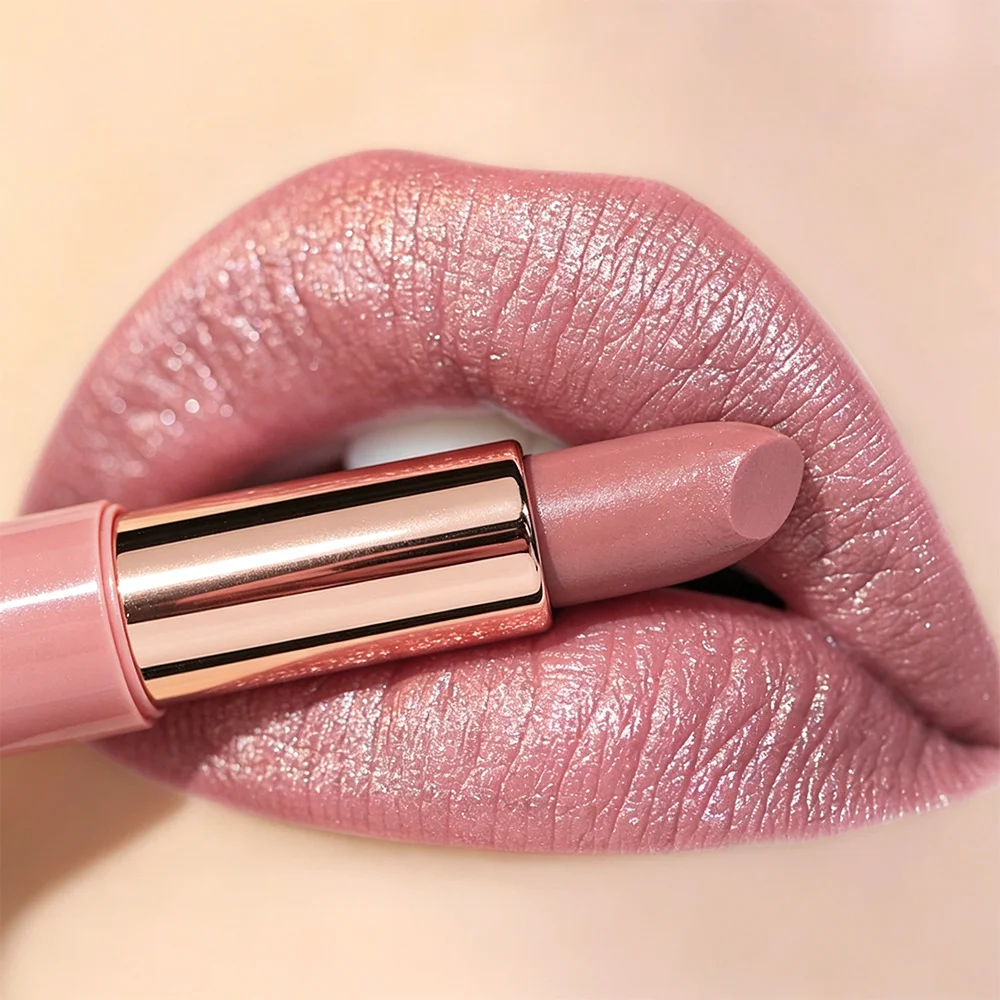 JUJU DREAM Nude Pink Rose Gold Shimmer Lipstick Metallic Glitter Hydrating Long Lasting Nude Lip Balm Women Daily Makeup