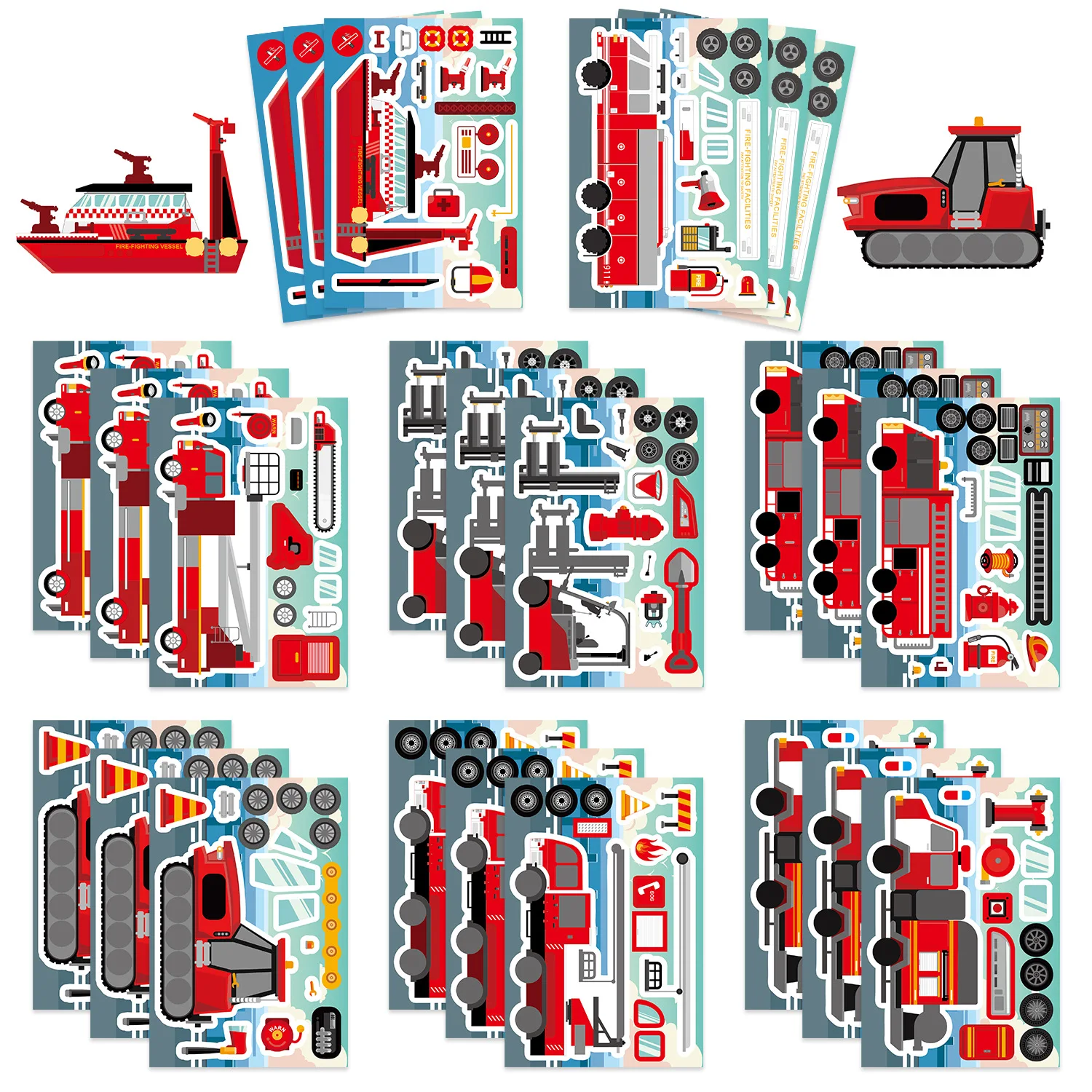 

8/16Sheets Fire Engineering Rescue Vehicle Make a Face Puzzle Stickers Funny Children's Intelligence Development Cartoon Decal