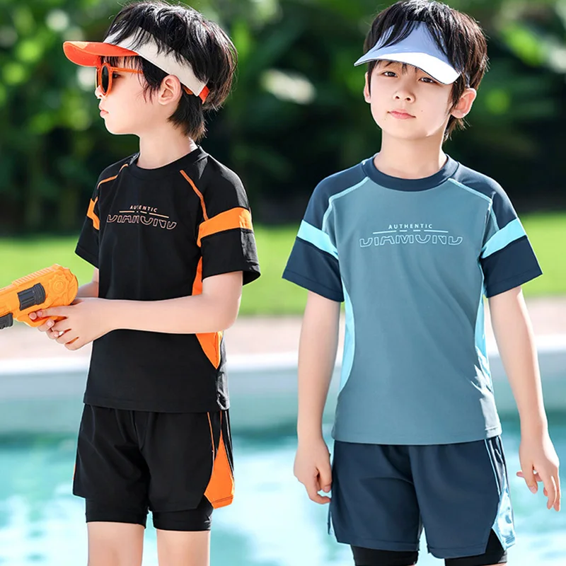 Boy Swimsuit Double Layered Sunscreen Short Swimsuits Swimming Beach Pool Resort Two Piece Kid Swimsuit Set