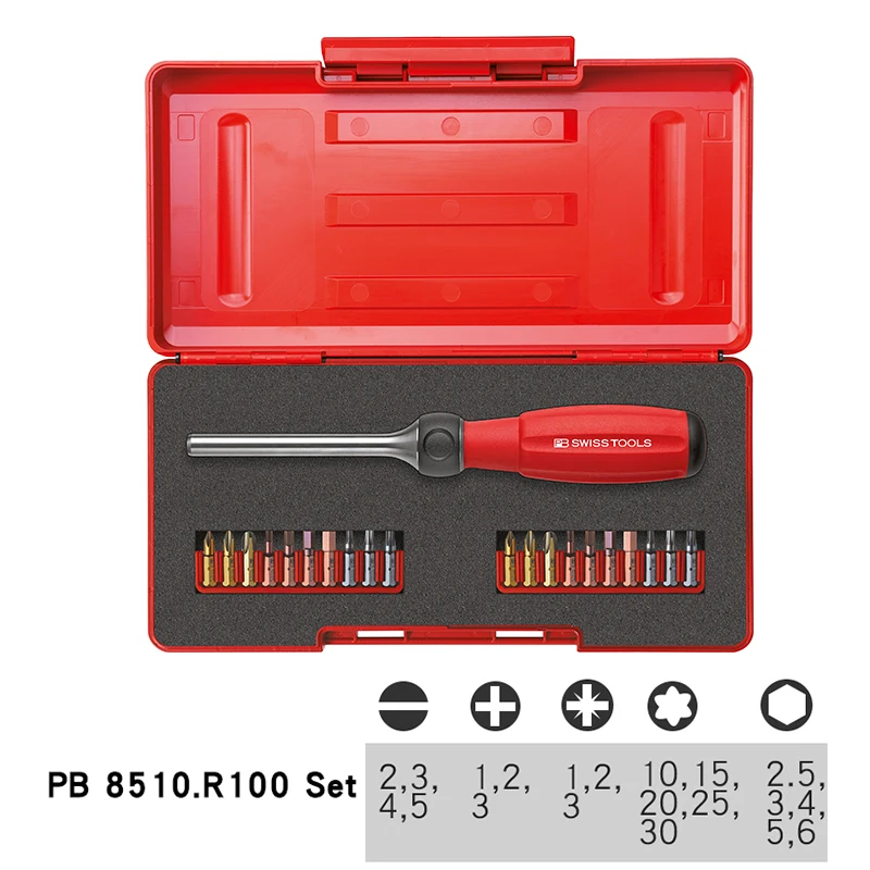 PB SWISS TOOLS Multi Bit Ratcheting Screwdriver Set for Quick Bits Changes Bit Holder with Ratchet Handle NO.8510 R-100 Set