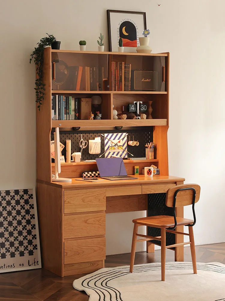مكتب من الخشب الصلب الاسكندنافي، خزانة كتب منزلية صغيرة، رف كتب، مكتب كمبيوتر متكامل للدراسة #1