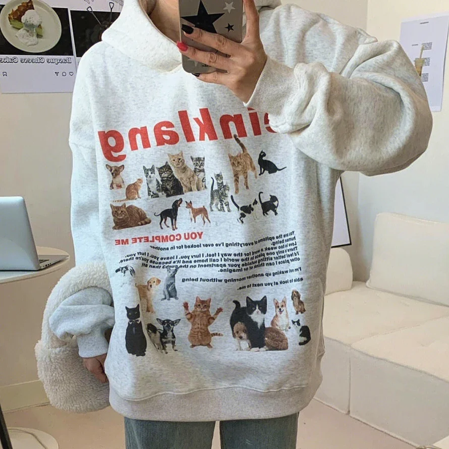 American Y2K Cat Dog Print Sudadera Thick Fleece Winter Sweater Hoodies Loose Cute Animal Pullovers Casual Women Vintage Couples