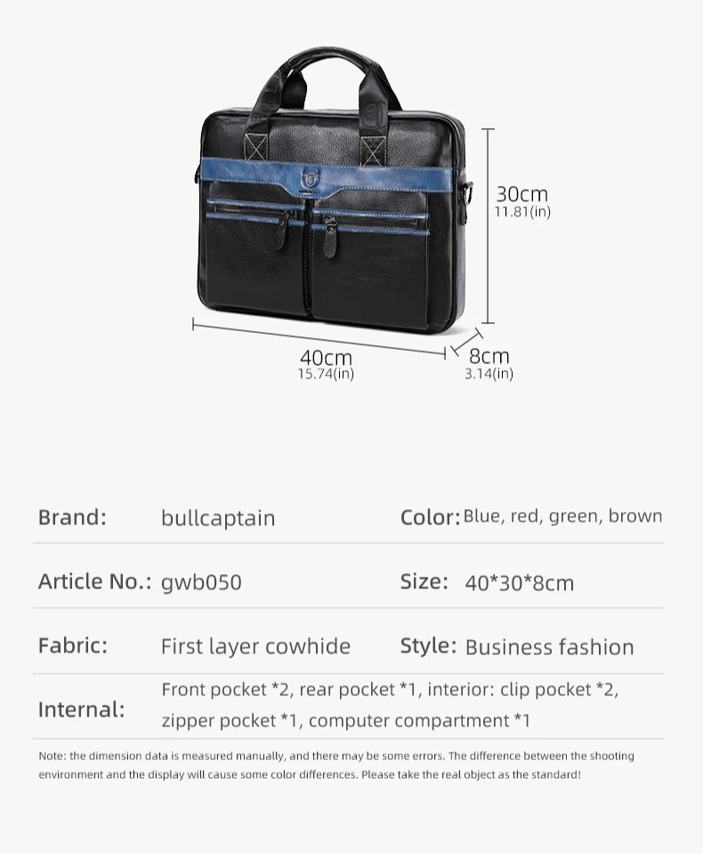 Valigetta da uomo con cuciture colorate in vera pelle da lavoro di grande capacità, borsa per computer a tracolla da portare a mano in cowhine
