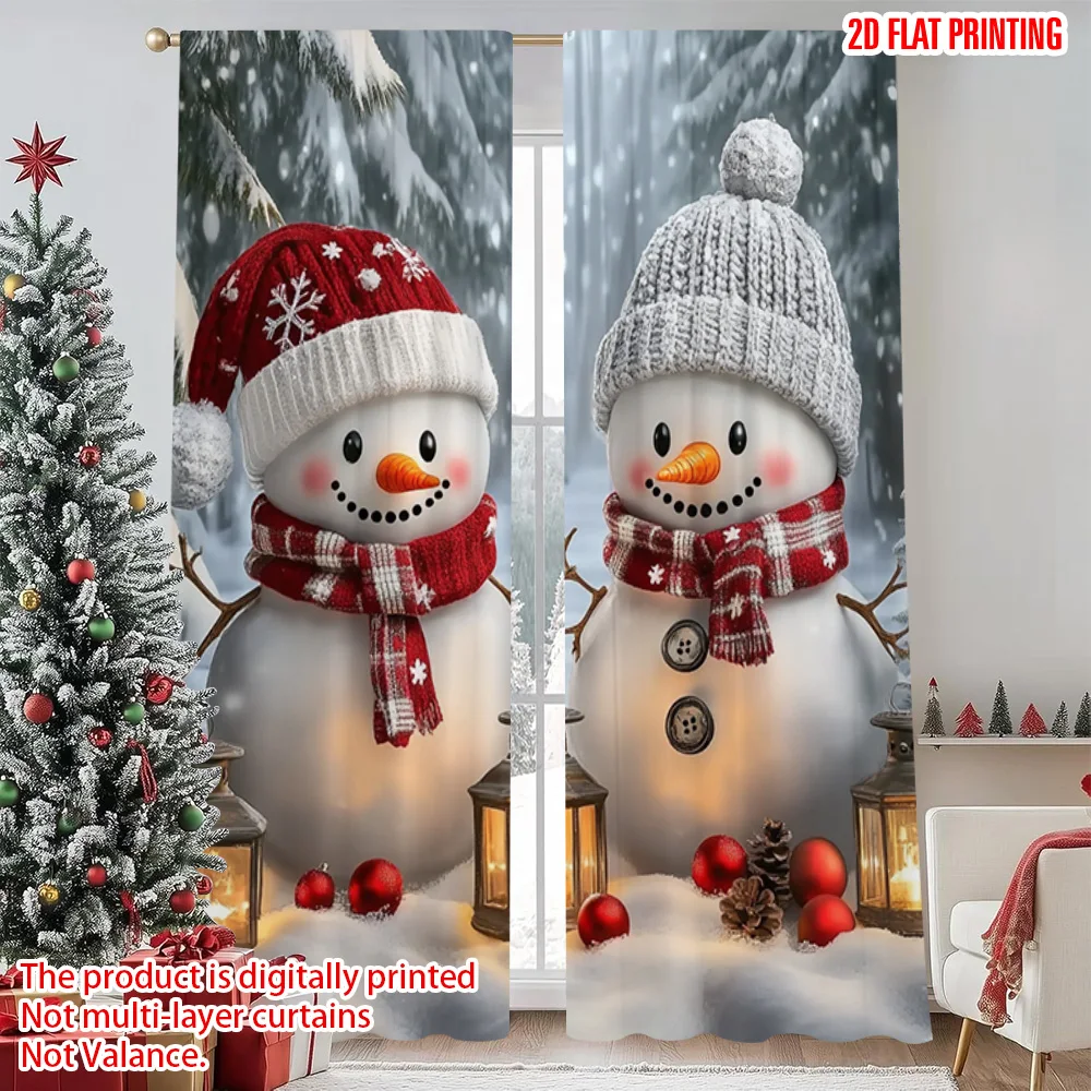 

2pcs 2D flat printing Merry Christmas Curtains Winter Wonderland Snowman Versatile 100% Polyester Without Electricity Spring
