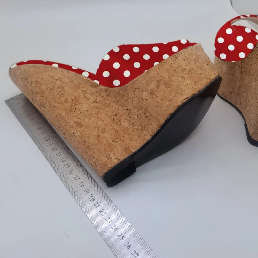 

DIZHUANG Sexy women's high-heeled slippers. Red background white dot cloth slippers. About 20cm heel height Wedges sandals 34-46