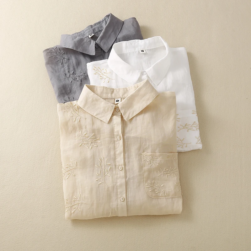 Vêtements d'été irt brodés en coton et lin de couleur Pure, coupe cintrée, haut du corps Seven Sve, ourlet fendu simple