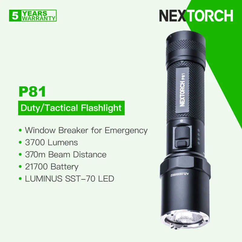 

Nextorch P81 3700 Lumens 370m Beam,9-Core high-performance Rechargebale LED Duty/Tactical Flashlight with 21700 Battery