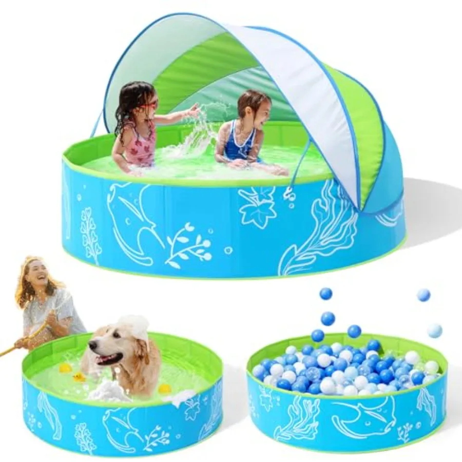 

Foldable Kiddie Pool with Canopy: 47in Baby Pool and Beach Tent for Toddlers Infants 6-12 Months and 2-4 Years Old - Portable W