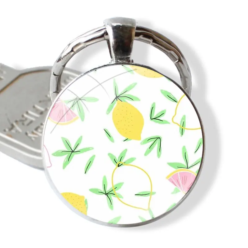 lemon fruit flower 25mm Glass Cabohcon Keychain Key Rings for Women Men Jewelry Gift