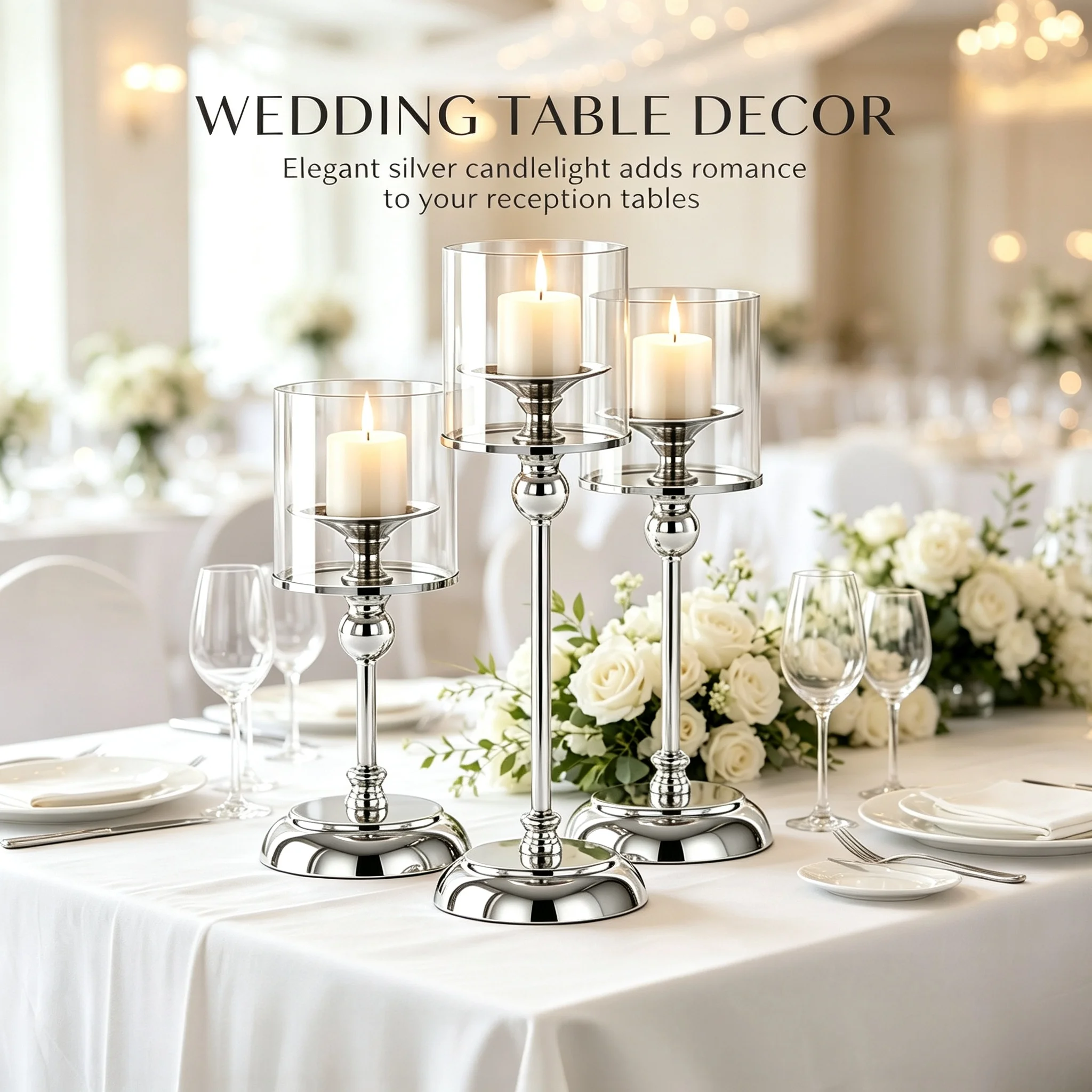 Set of 3/6 Wedding Hurricane Candlestick Sliver Metal Candle Stand Holders Set for Dinner Table Banquet Decorations