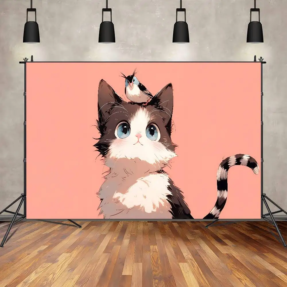 لطيف القط الكرتون الرسوم المتحركة عيد ميلاد سعيد حزب خلفية الديكور الاطفال صبي استحمام الطفل أنيمي التصوير خلفية البوليستر