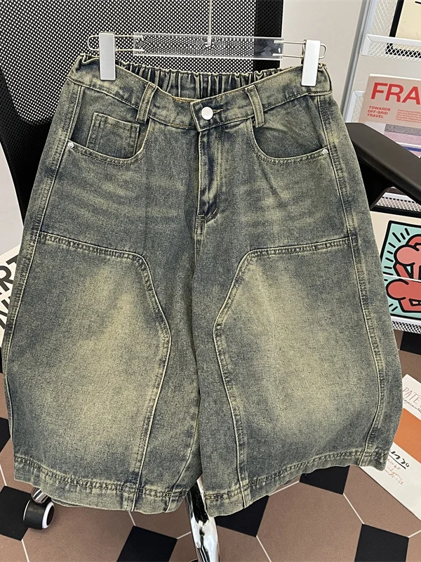 

Ретро-джинсы в американском уличном стиле для мужчин: летние универсальные свободные брюки-капри выше колена с широкими штанинами, повседневные джинсы