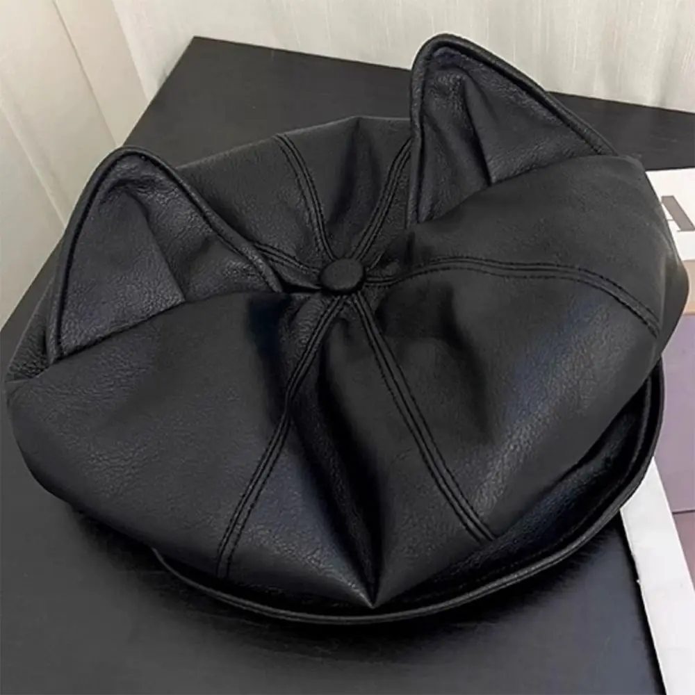 Elegant PU Leather Cat Ear Beret Black/Coffee Retro Style Leather Beret Hat Cute Ear Design Newsboy Cap All Seasons