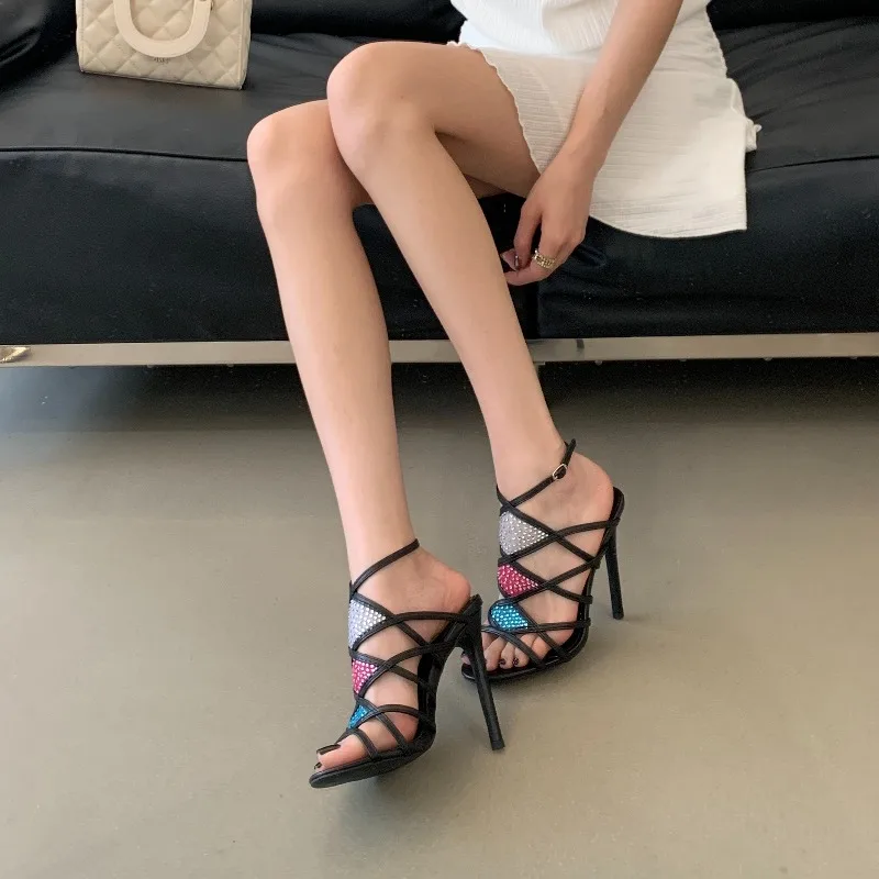 New Women's Three-color Rhinestone Thin Strip Hollow Sandals Open-toed High-heeled Sandals Banquet Shoes Dress Shoes Size 35-42 - view 3