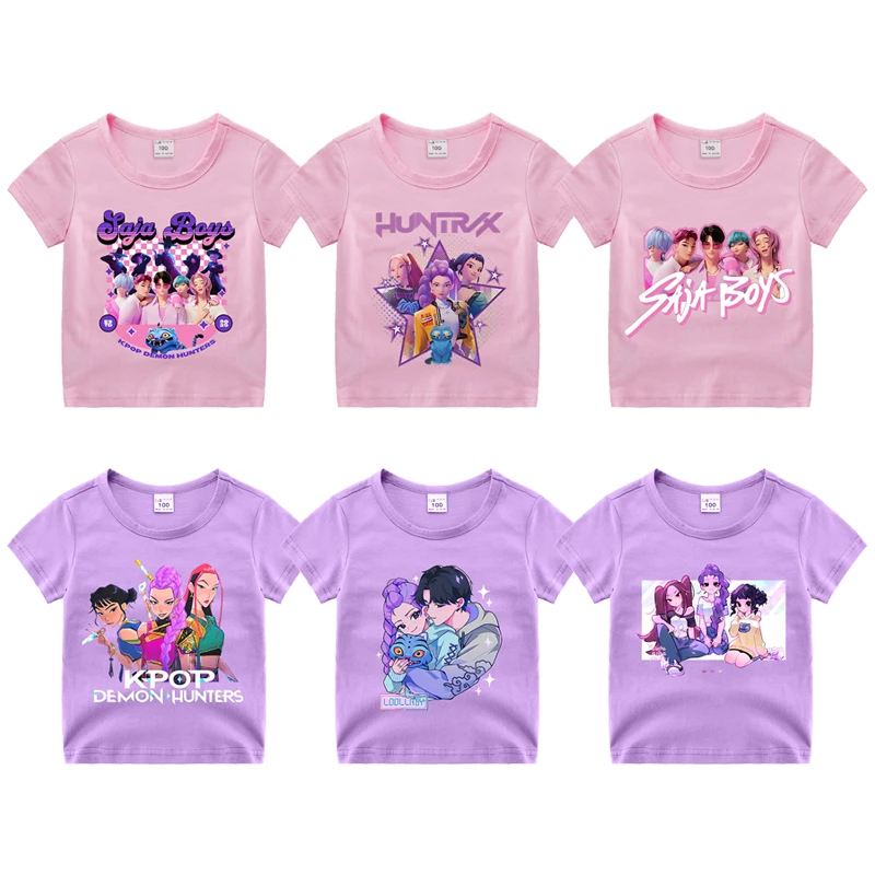 KPop شيطان الصيادين فتاة القطن تي شيرت الاطفال قصيرة الأكمام بلايز الأطفال الكرتون لطيف المحملة الصيف ملابس كاجوال هدية عيد ميلاد 2025 #2