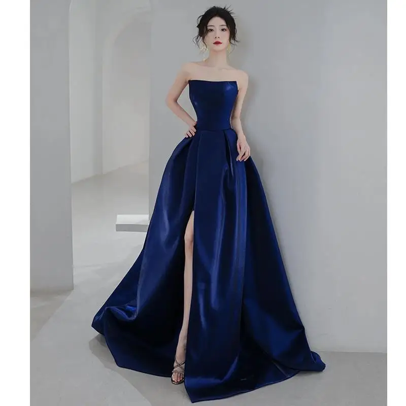 Blue tube top evening dress 2025 new French luxury hosting annual meeting Bel Canto solo art test dress dress