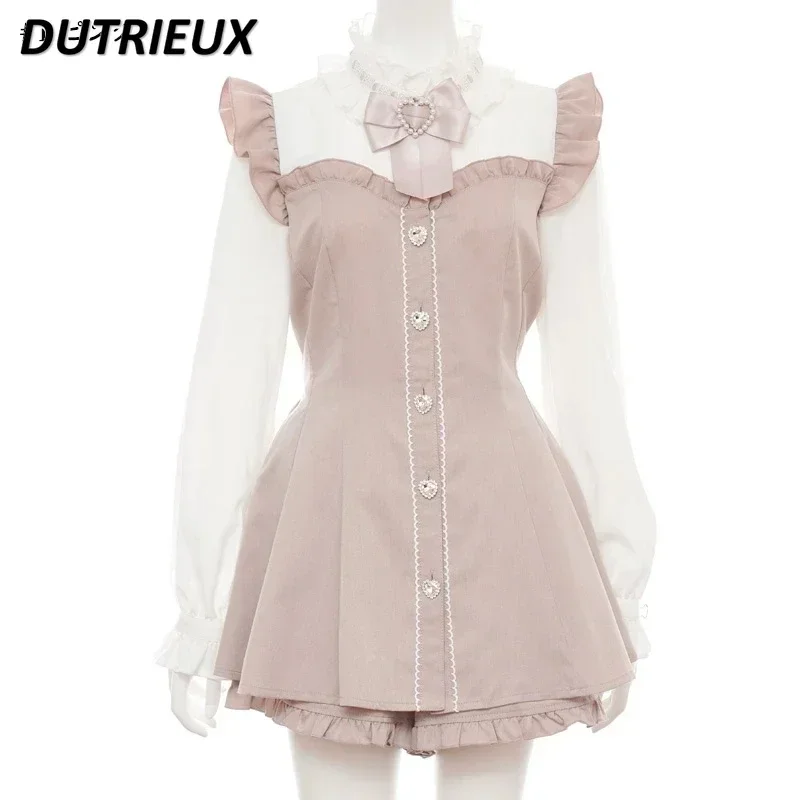 2023 Autumn New SC Suit Bowknot Slimming Ruffled Collar Japanese Sweet Princess Long Sleeve High Waist Shirt Dress Two-Piece Set