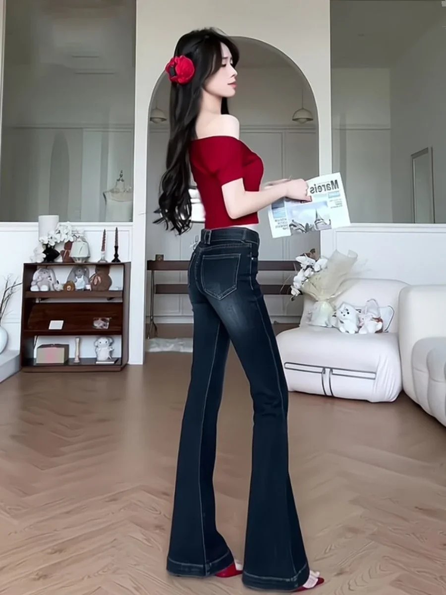 Damskie jeansy Flare Jeans Skinny Flared Trousers High Waist Shot with Pockets Bell Bottom Cowboy Pants for Woman Slim Fit Top Selling