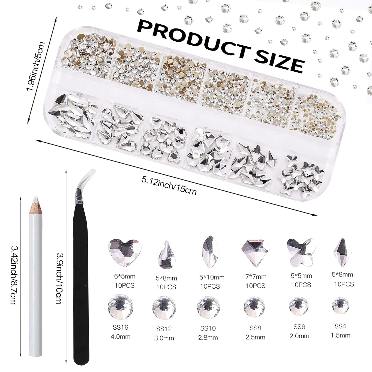 1Set 6 Sizes with Picking Tweezers & Wax Pencil Kit Clear Rhinestones for Crafts - Mixed Round Crystal Nail Gems for DIY Jewelry