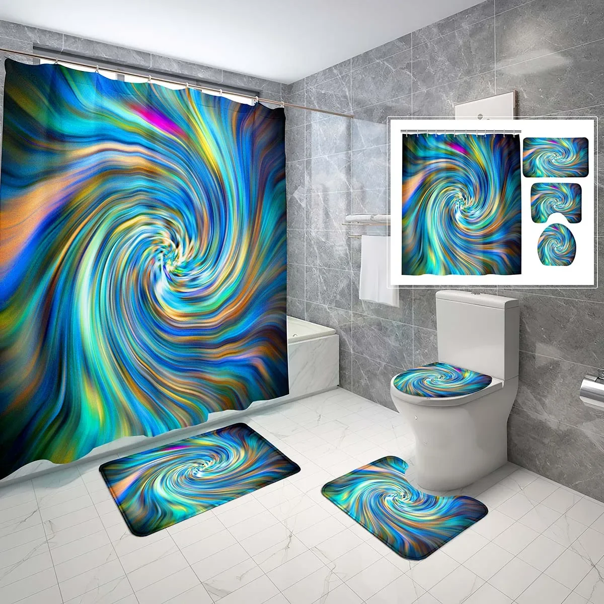

4 Pcs Liquid Swirl Shower Curtain Sets Colorful Abstract Vortex Non-Slip Bath Mat Waterproof Shower Curtain Toilet Cover Set