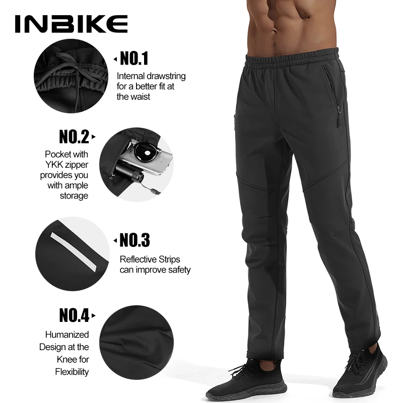 INBIKE Winter Men\'s MTB Cycling Pants Thermal Leggings Trouser Bike Clothing Fleece Lined Windproof Outdoor Sports Running Pants