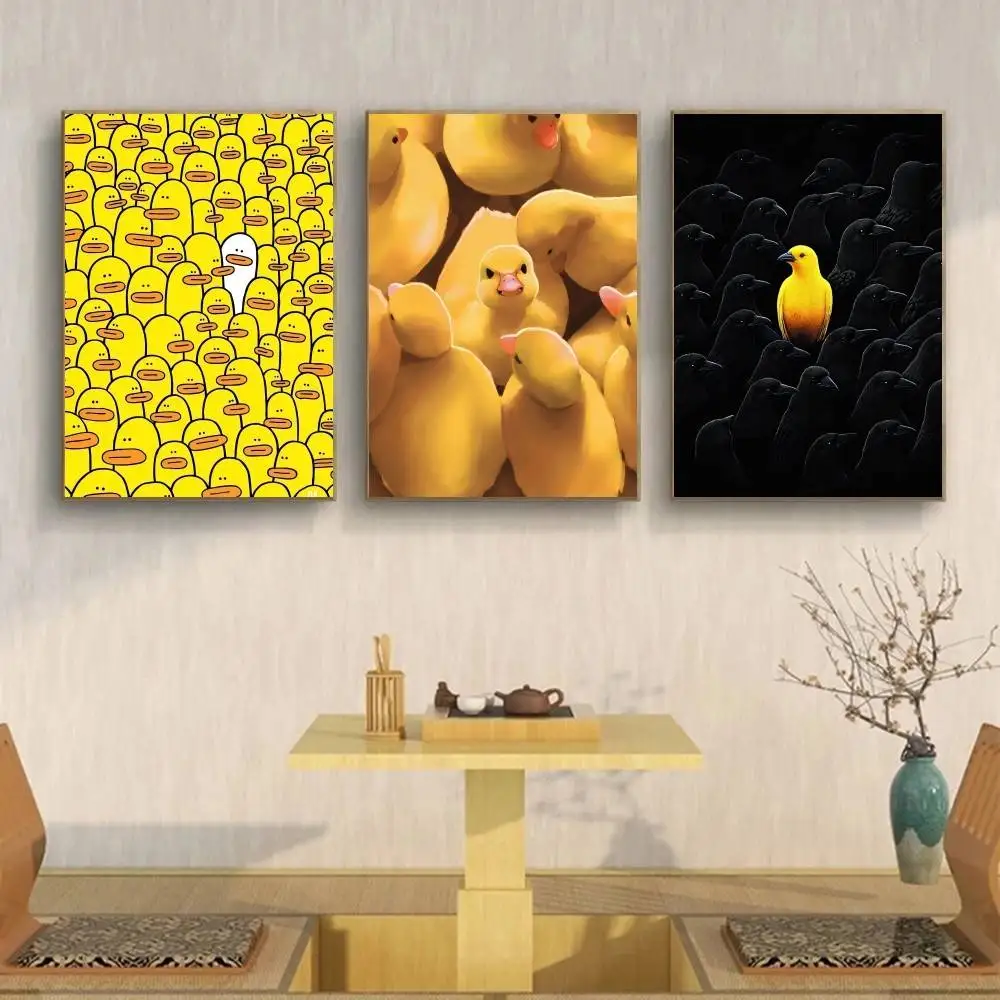 Cute Contrast Animal Wall Art White Cat Yellow Duck Fish Bird in Black Group Print Poster Kids Bedroom Nursery Room Decor Gift