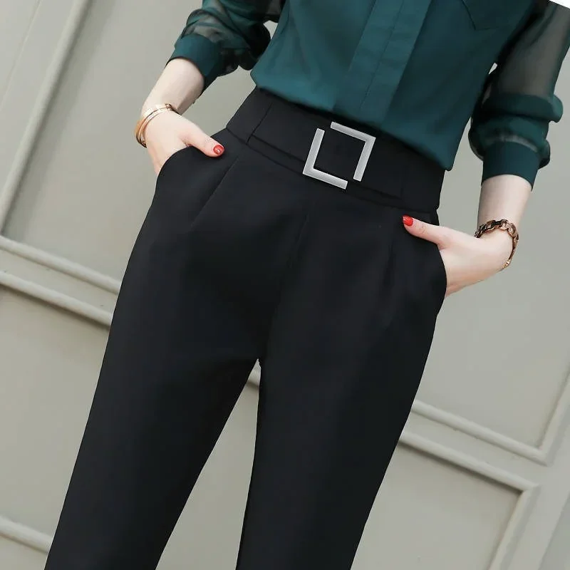 Spring and Summer Women Elastic Suit Harlan Pants Black High-waist Fashion Nine-point Suit Pants Slim Casual Pants Women