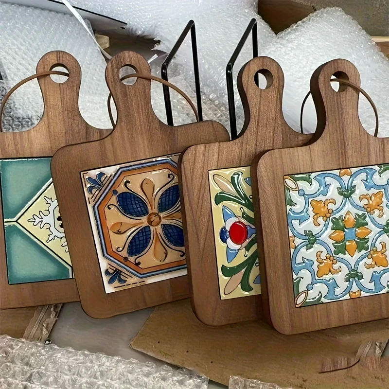 Retro Solid Wood Coasters With Decorative Tile Pattern Insulation Durable Household Restaurant Placemats Soup Pot Casserole Mats