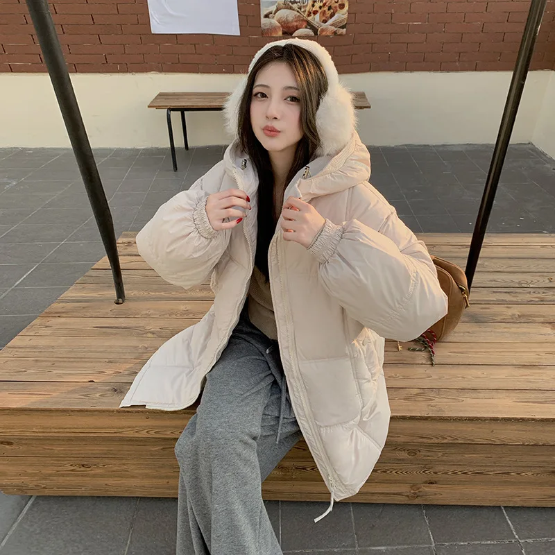 

2025: пуховый хлопок средней длины, женская зимняя одежда, теплая куртка с капюшоном в корейском стиле