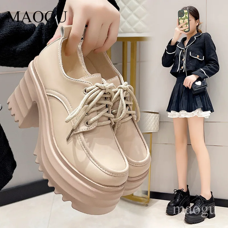 Autumn Women's Platform Shoes Lace Up Round Toe Chunky Heel Women's Ankle Boots Outdoor High Heel Motorcycle Shoes for Women