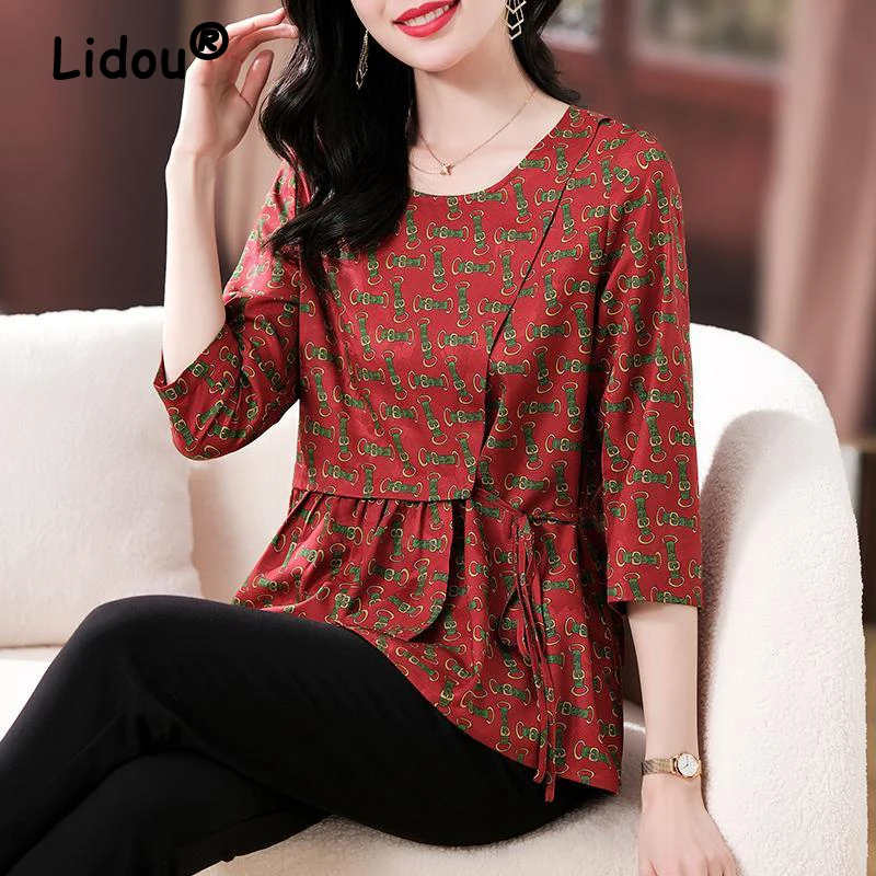 Women Ruffle Lace Up Print Luxury Design Elegant Blouse Summer Fashion Round Neck 3/4 Sleeve Shirt Slim Asymmetrical Tops Blusas