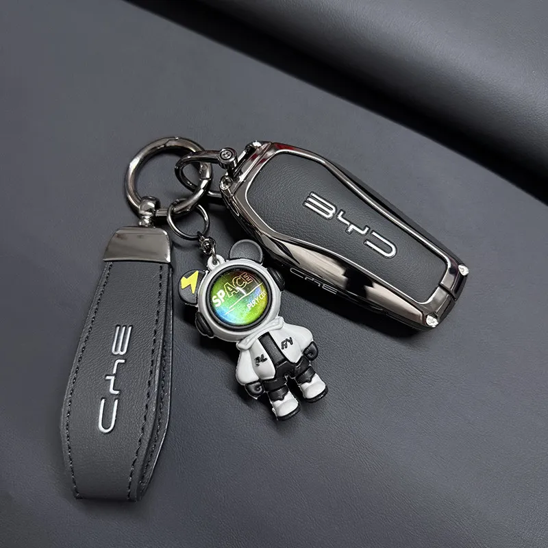 Car Zinc Alloy Leather Key Case Holder Cover Chain For BYD Song Plus Atto 3 Han EV Tang DM Qin Seal Dolphin Yuan Accessories